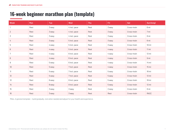 Preview of Printable 16-Week Marathon Plan