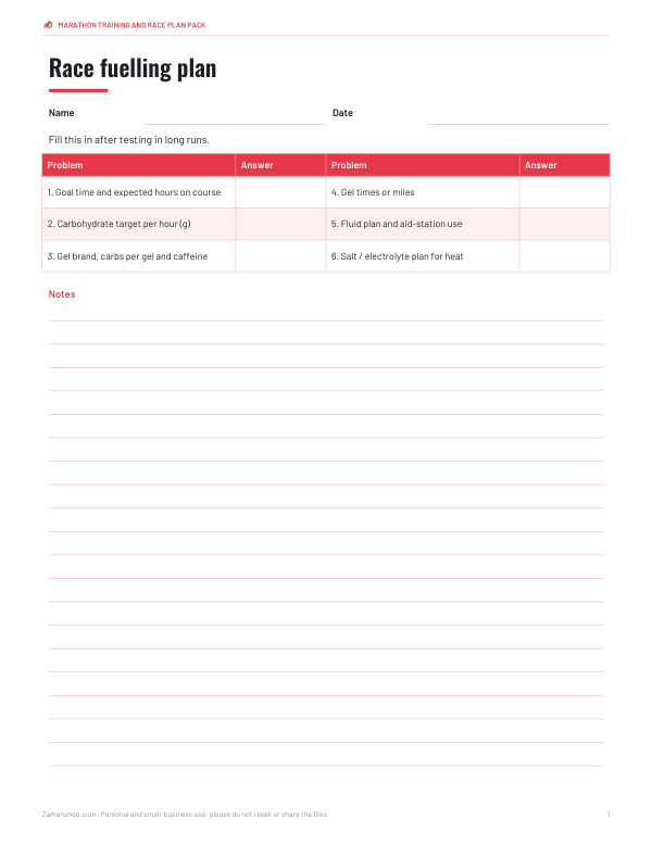 Preview of Printable Marathon Fuelling Worksheet