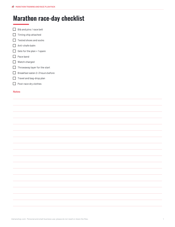 Preview of Printable Marathon Race-Day Checklist