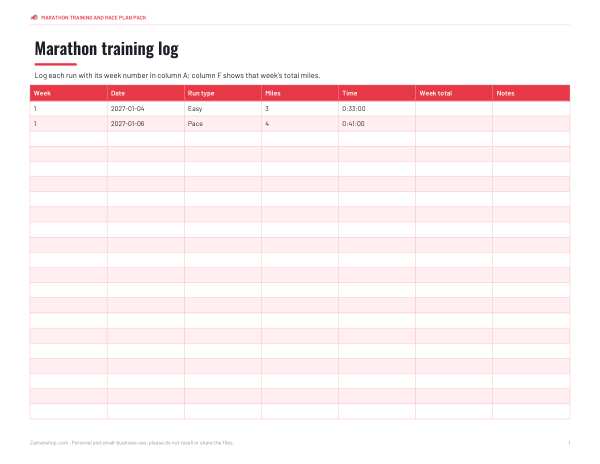 Preview of Printable Marathon Training Log